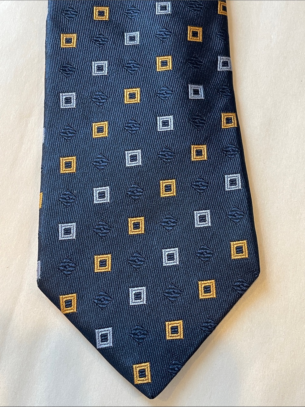 Hilditch & Key Navy Geometric Silk Tie with Gold & Light Blue Squares